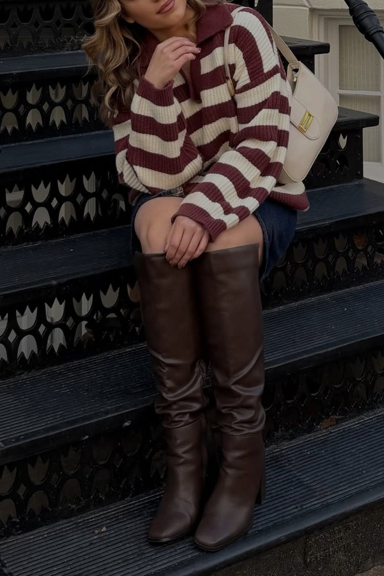 Daze Burgundy Stripe Polo Knit Sweater — 8