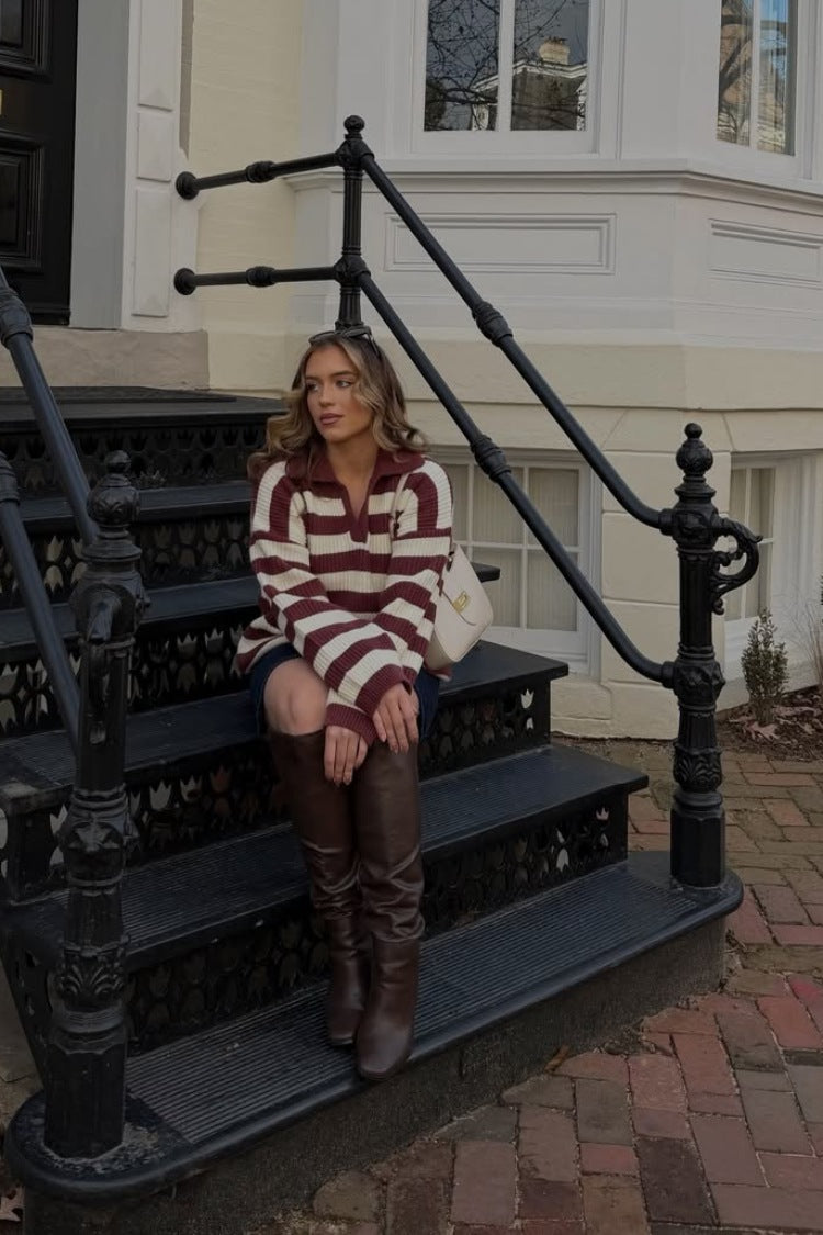 Daze Burgundy Stripe Polo Knit Sweater — 9