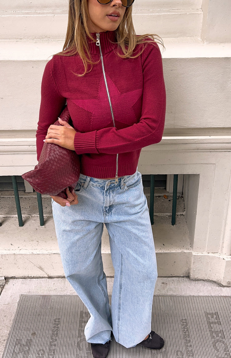 Groove Burgundy Star Zip Up Knit Sweater — 5