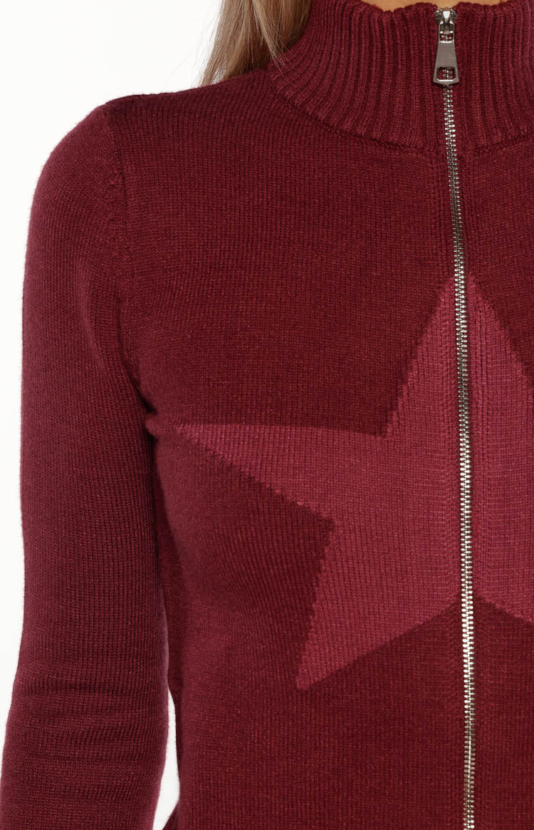 Groove Burgundy Star Zip Up Knit Sweater — 17