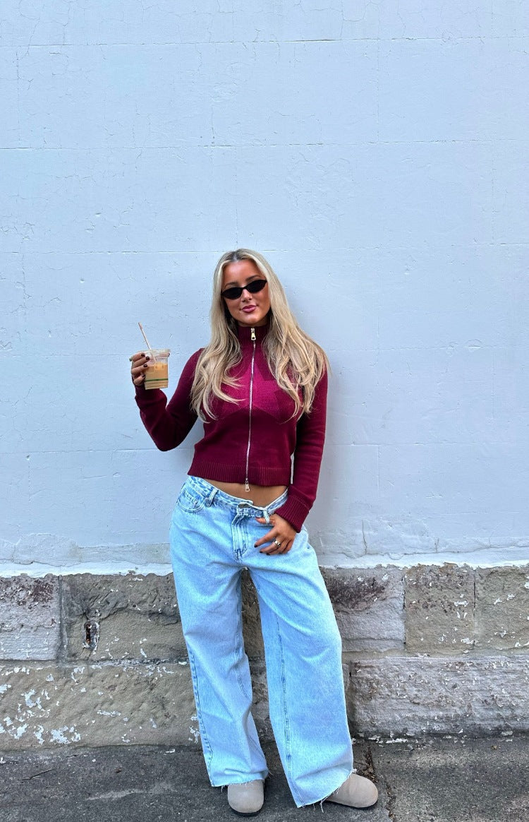 Groove Burgundy Star Zip Up Knit Sweater — 10