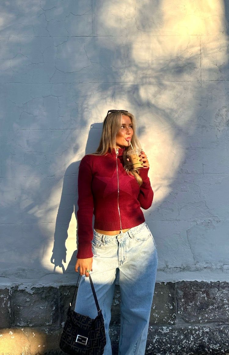 Groove Burgundy Star Zip Up Knit Sweater — 11