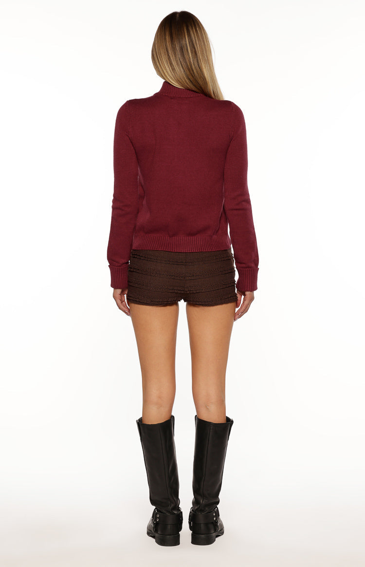 Groove Burgundy Star Zip Up Knit Sweater — 16