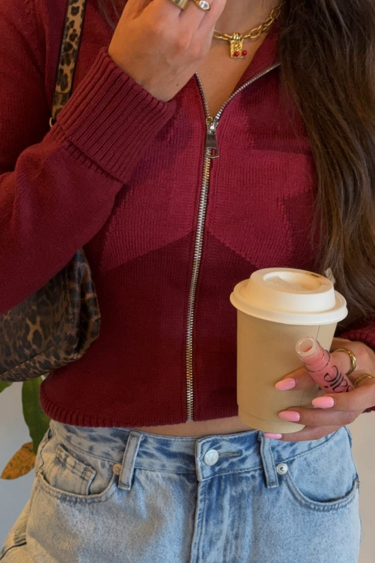 Groove Burgundy Star Zip Up Knit Sweater — 23