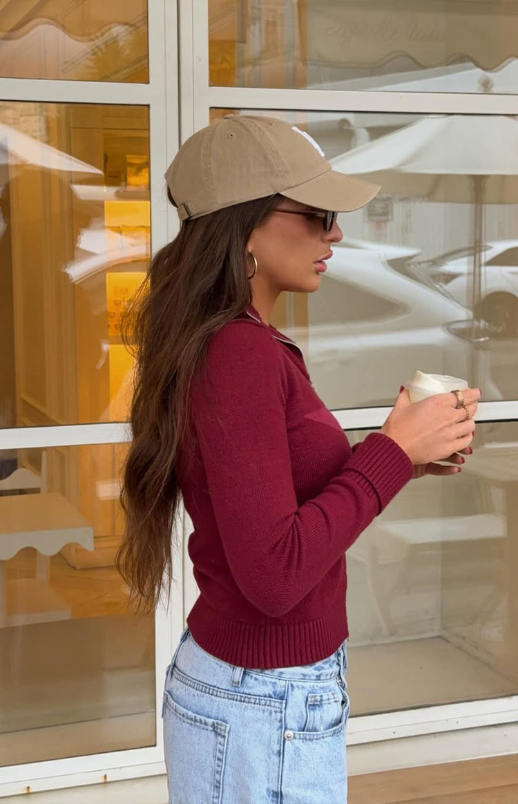 Groove Burgundy Star Zip Up Knit Sweater — 24