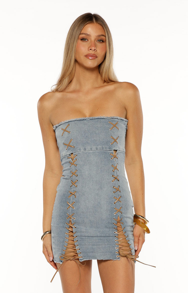 Danica Light Wash Denim Lace Up Strapless Mini Dress — 2