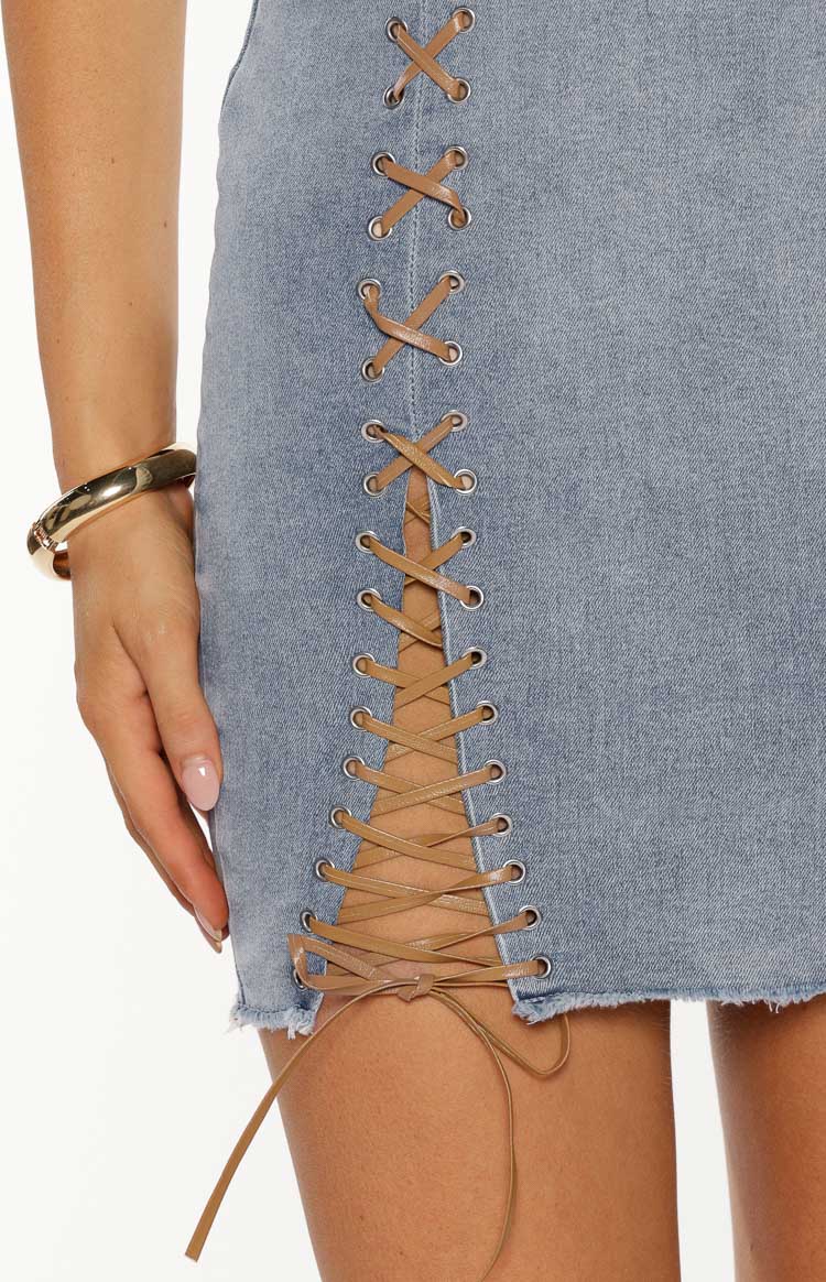Danica Light Wash Denim Lace Up Strapless Mini Dress — 8
