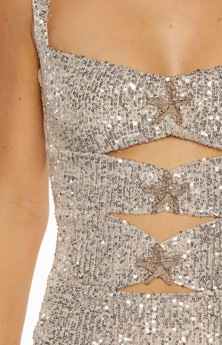 Malita Silver Sequin Gold Trim Party Mini Dress — 6