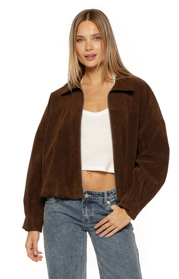 Brookie Brown Suedette Cuff Sleeve Bomber Jacket — 1