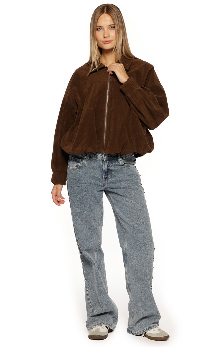 Brookie Brown Suedette Cuff Sleeve Bomber Jacket — 3