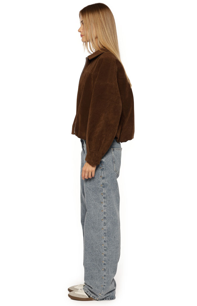 Brookie Brown Suedette Cuff Sleeve Bomber Jacket — 4