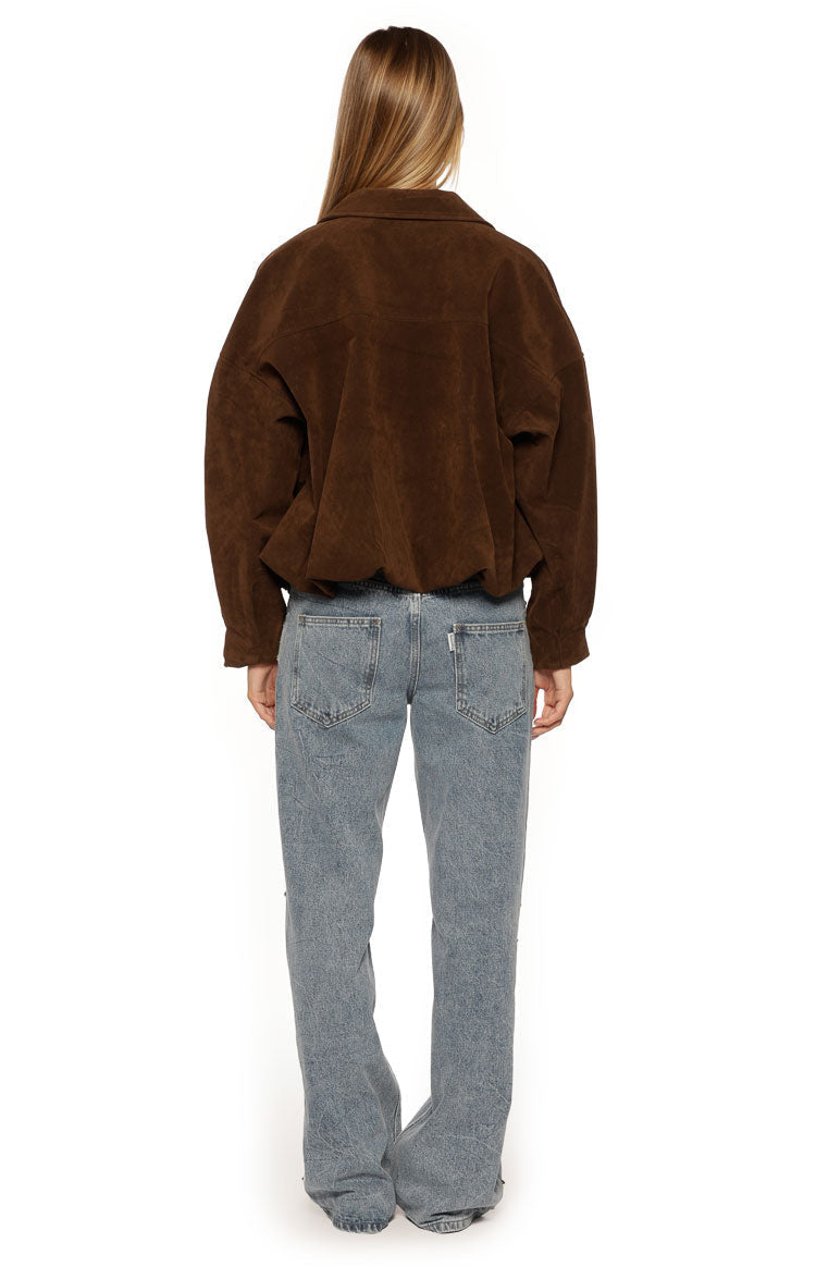 Brookie Brown Suedette Cuff Sleeve Bomber Jacket — 5