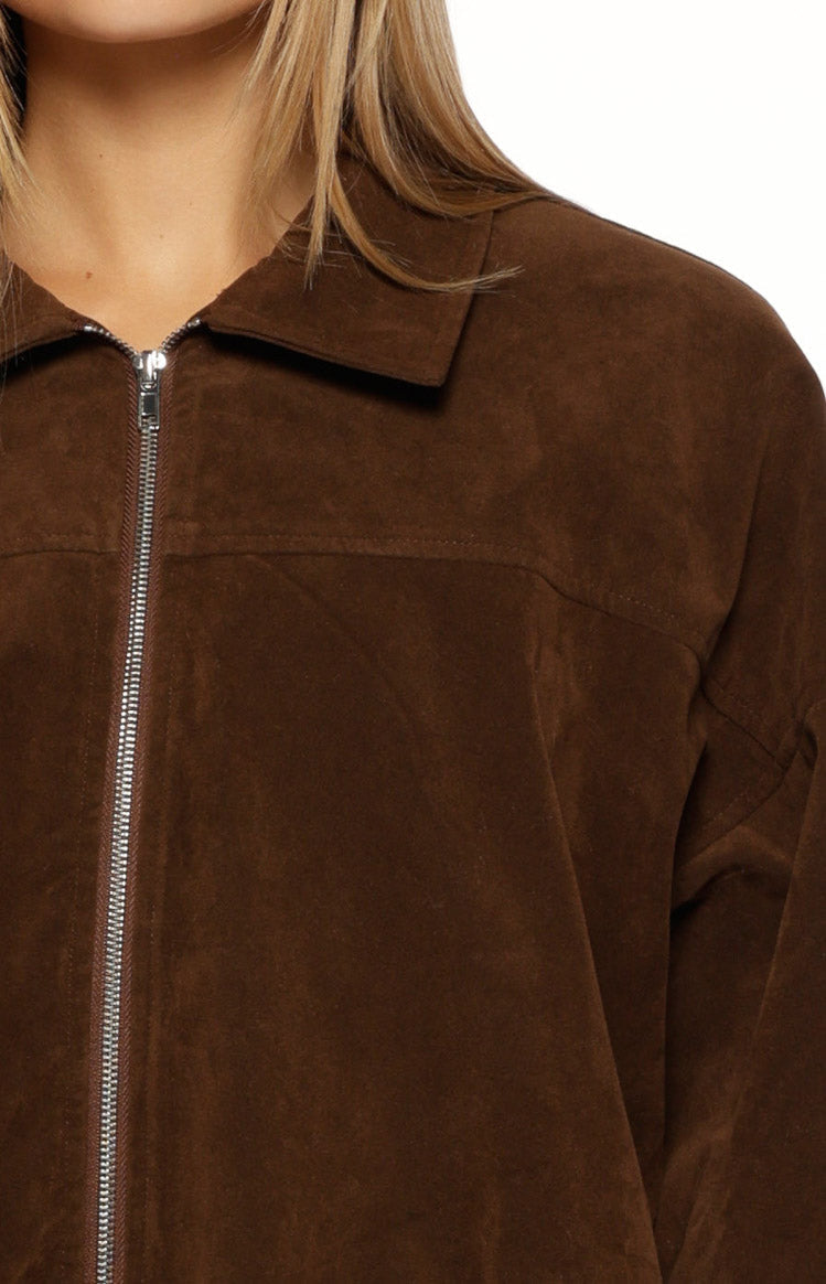 Brookie Brown Suedette Cuff Sleeve Bomber Jacket — 6