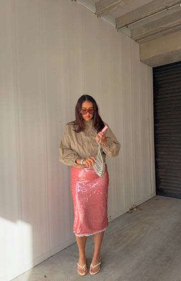 Petra Pink Sequin Lace Trim Midi Skirt — 1