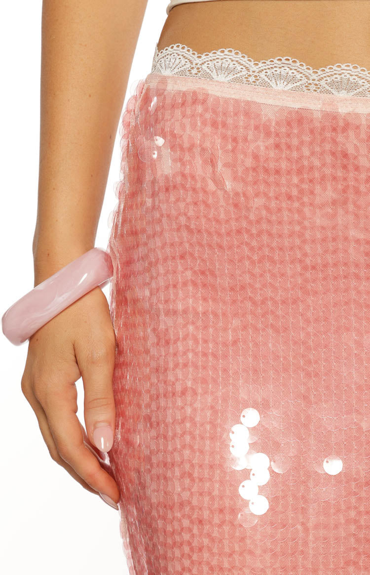 Petra Pink Sequin Lace Trim Midi Skirt — 6