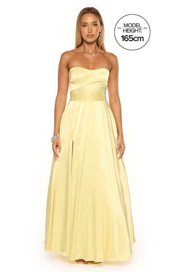 Lucy Yellow Strapless Satin Formal Maxi Dress — 1