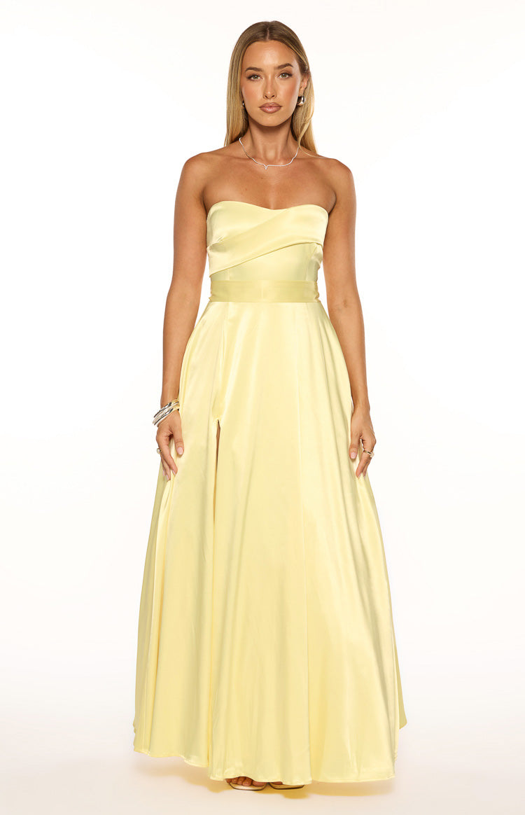 Lucy Yellow Strapless Satin Formal Maxi Dress — 3