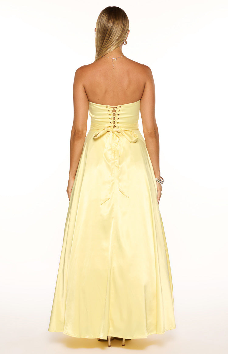 Lucy Yellow Strapless Satin Formal Maxi Dress — 5