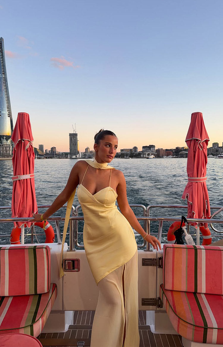 Laila Yellow Satin Scarf Formal Maxi Dress — 1