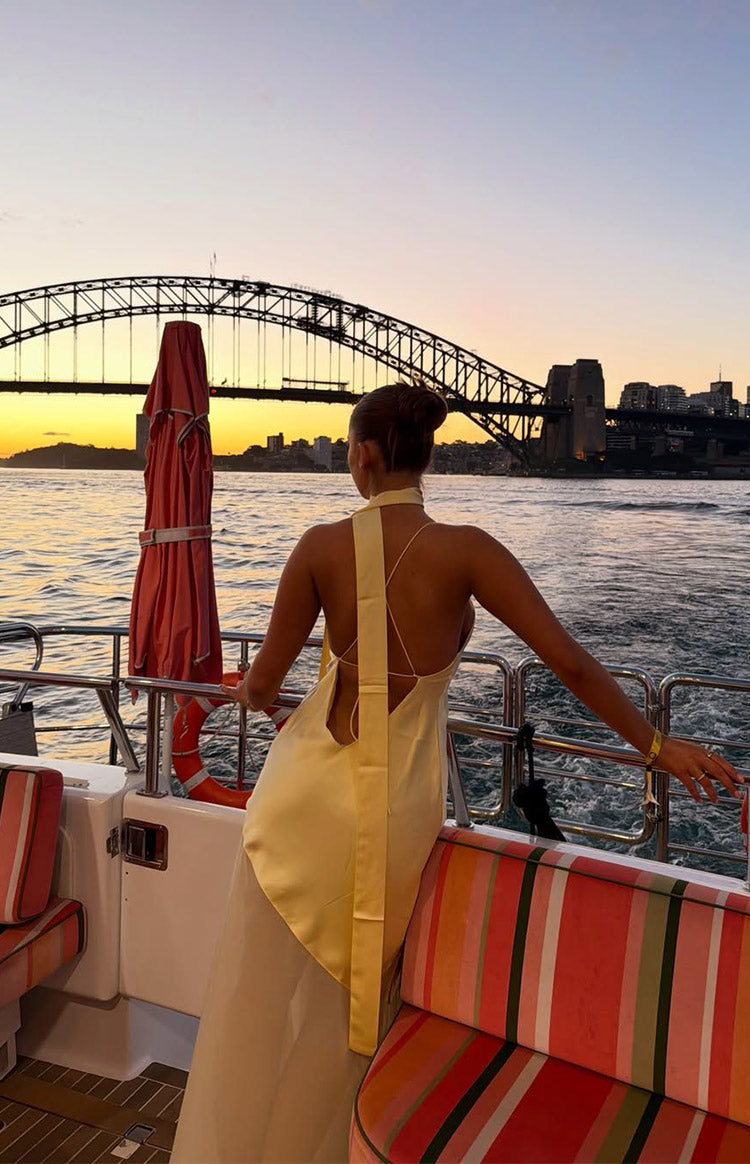 Laila Yellow Satin Scarf Formal Maxi Dress — 2