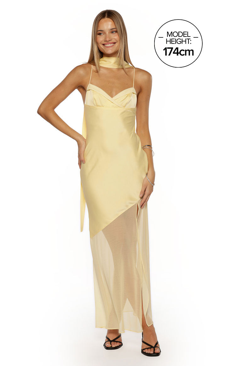 Laila Yellow Satin Scarf Formal Maxi Dress — 14