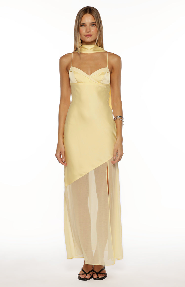 Laila Yellow Satin Scarf Formal Maxi Dress — 15