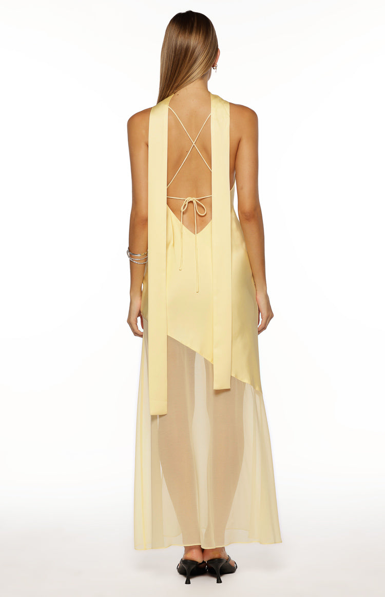 Laila Yellow Satin Scarf Formal Maxi Dress — 17