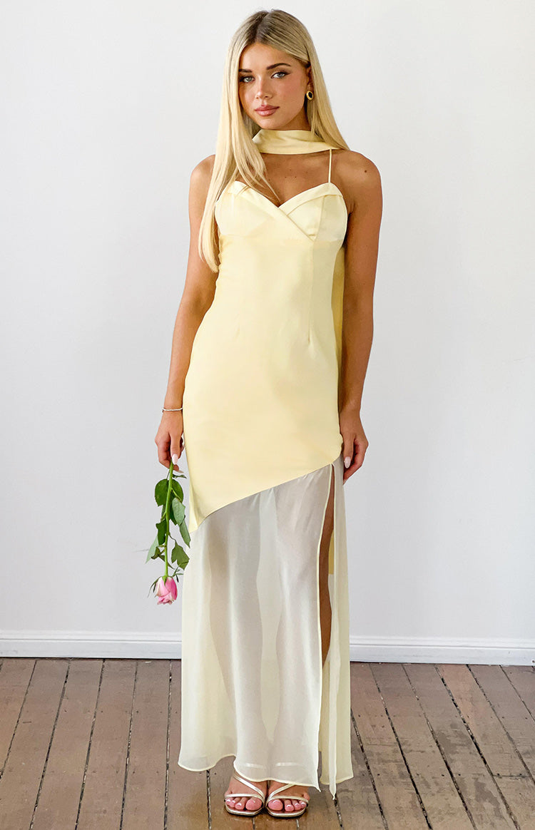 Laila Yellow Satin Scarf Formal Maxi Dress — 19