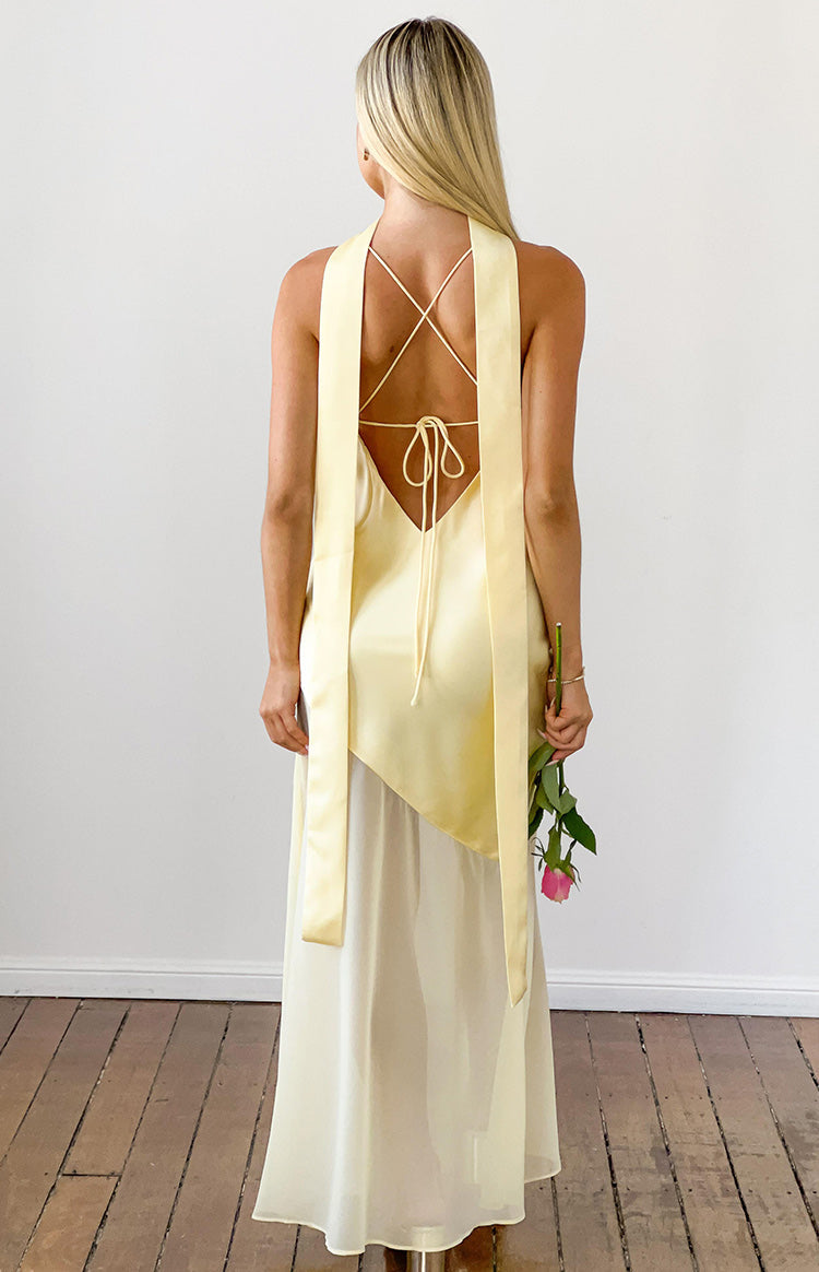 Laila Yellow Satin Scarf Formal Maxi Dress — 20