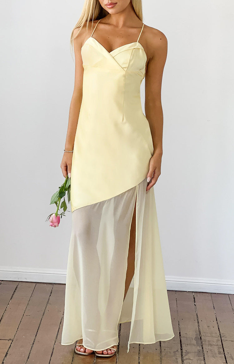 Laila Yellow Satin Scarf Formal Maxi Dress — 22