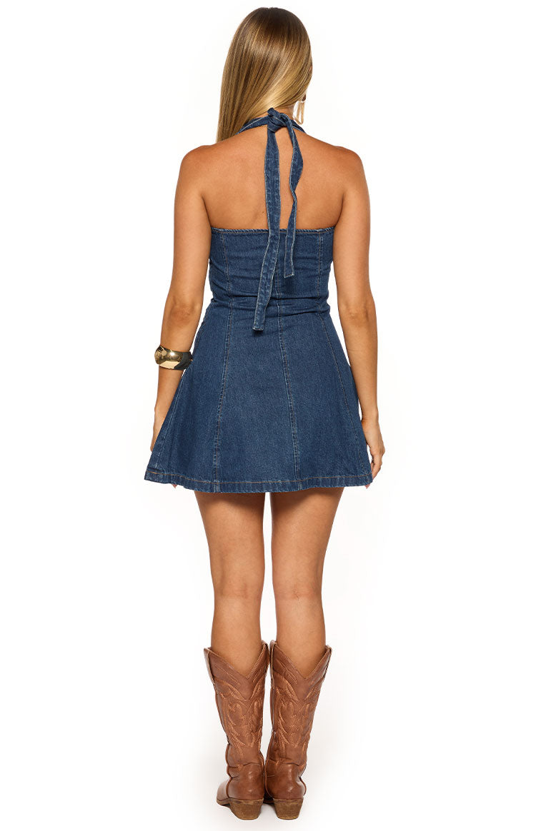 Isalin Mid Wash Denim Halter Mini Dress — 8