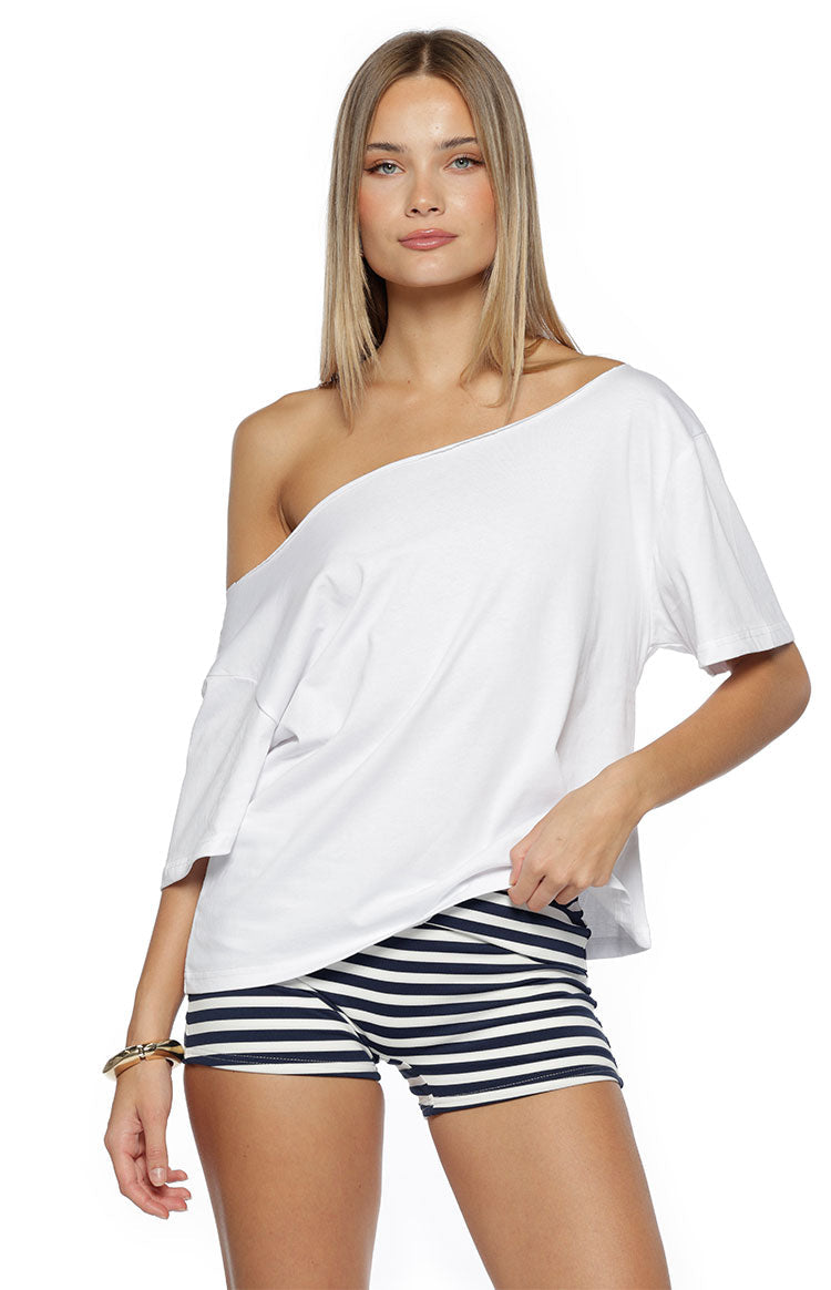 Bennie Navy Stripe Foldover Micro Shorts — 1