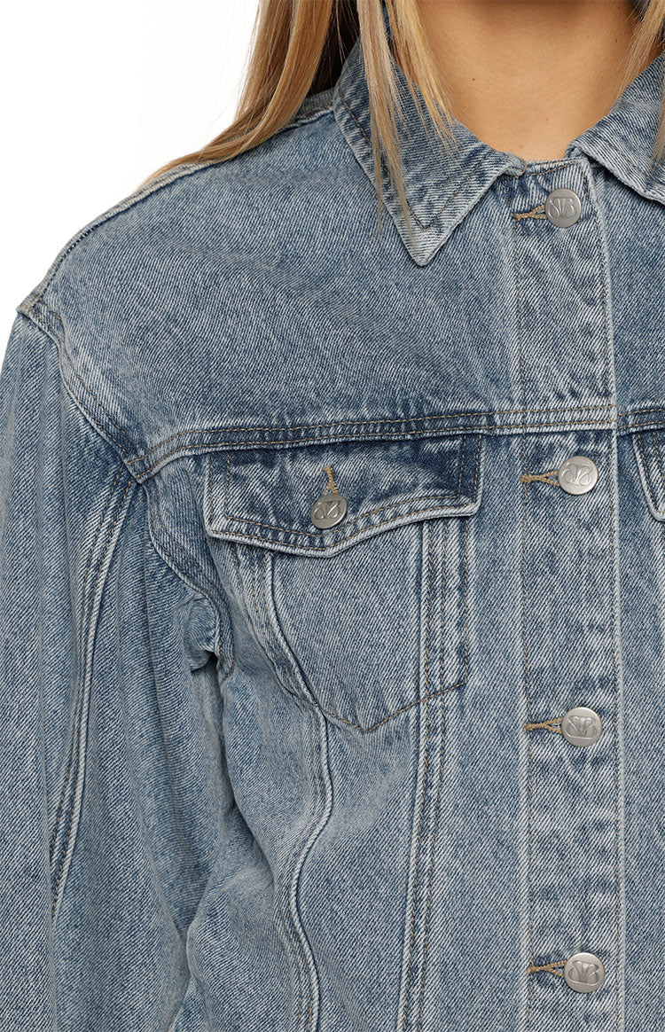 Elana Mid Wash Cinched Waist Denim Jacket — 6