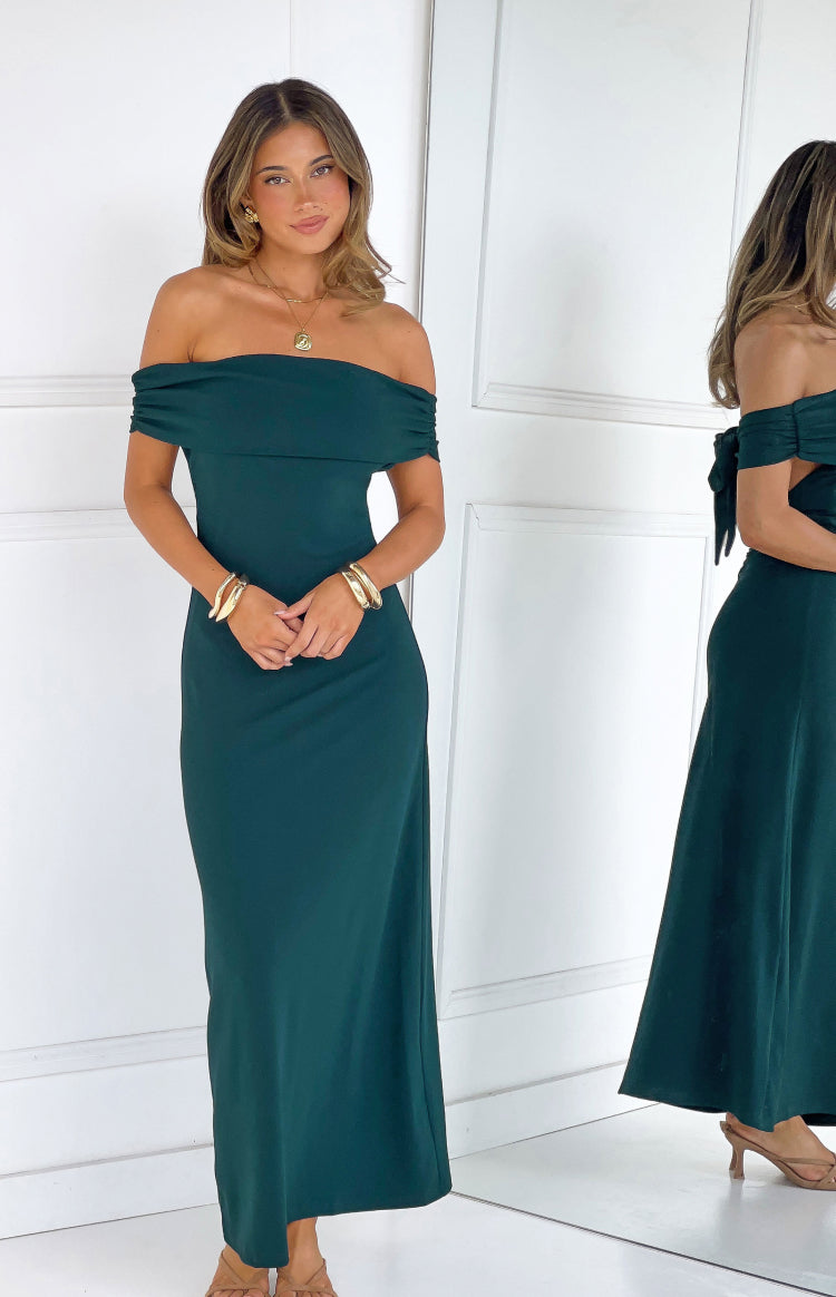 Erica Teal Crepe Off the Shoulder Maxi Dress — 3