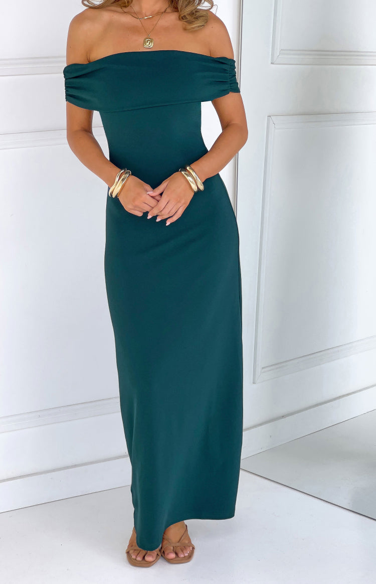 Erica Teal Crepe Off the Shoulder Maxi Dress — 5