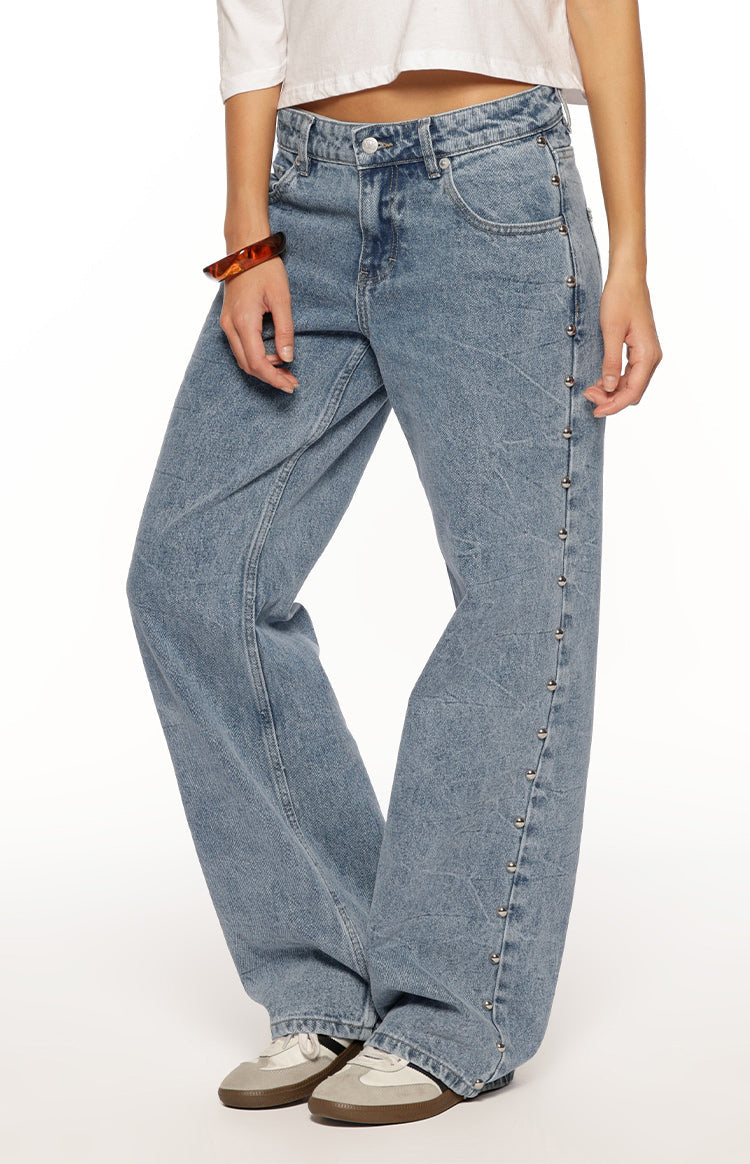 Charli Mid Wash Denim Studded Low Waist Baggy Leg Jeans — 1
