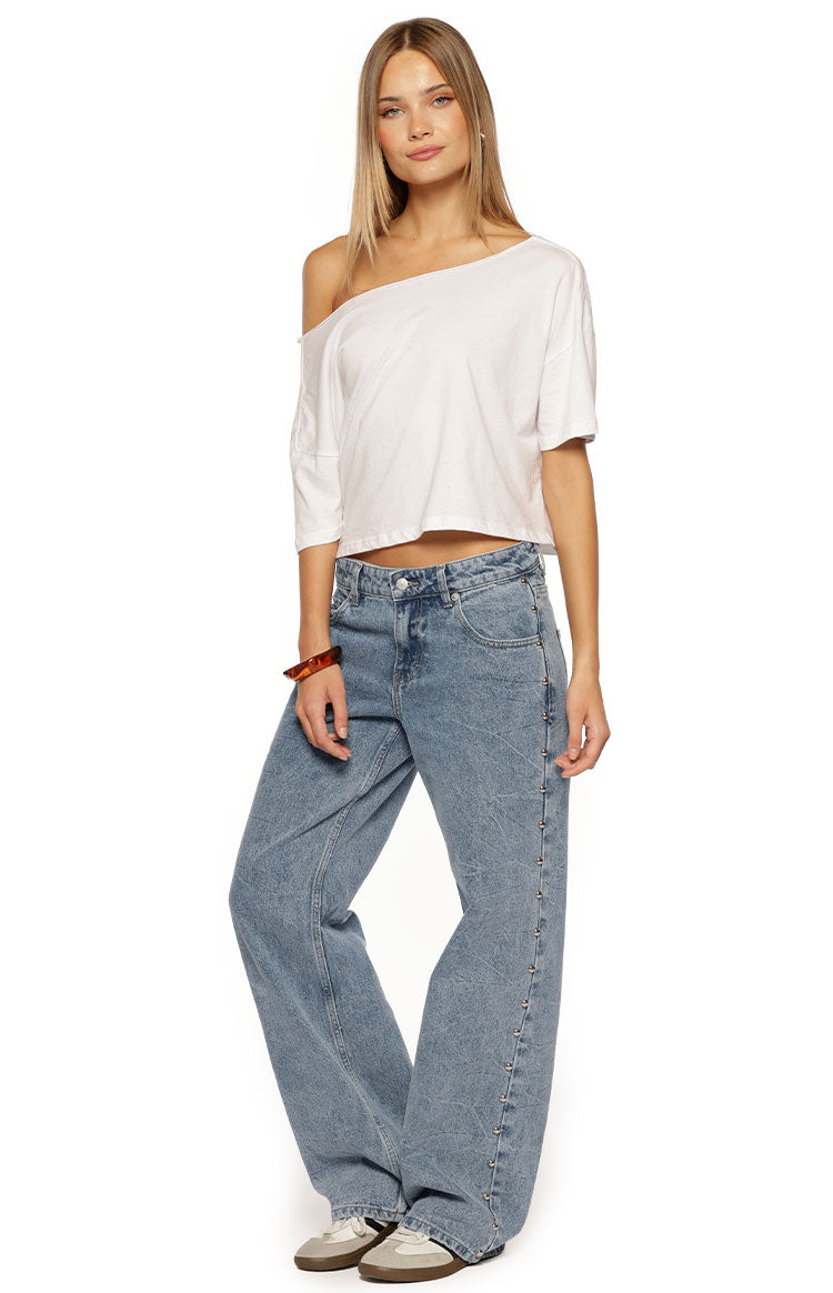 Charli Mid Wash Denim Studded Low Waist Baggy Leg Jeans — 4