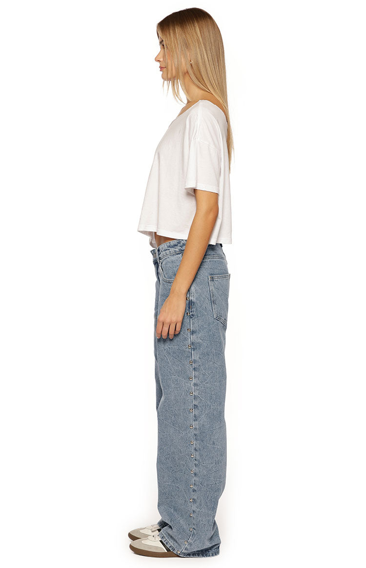 Charli Mid Wash Denim Studded Low Waist Baggy Leg Jeans — 5