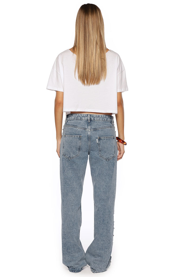 Charli Mid Wash Denim Studded Low Waist Baggy Leg Jeans — 6