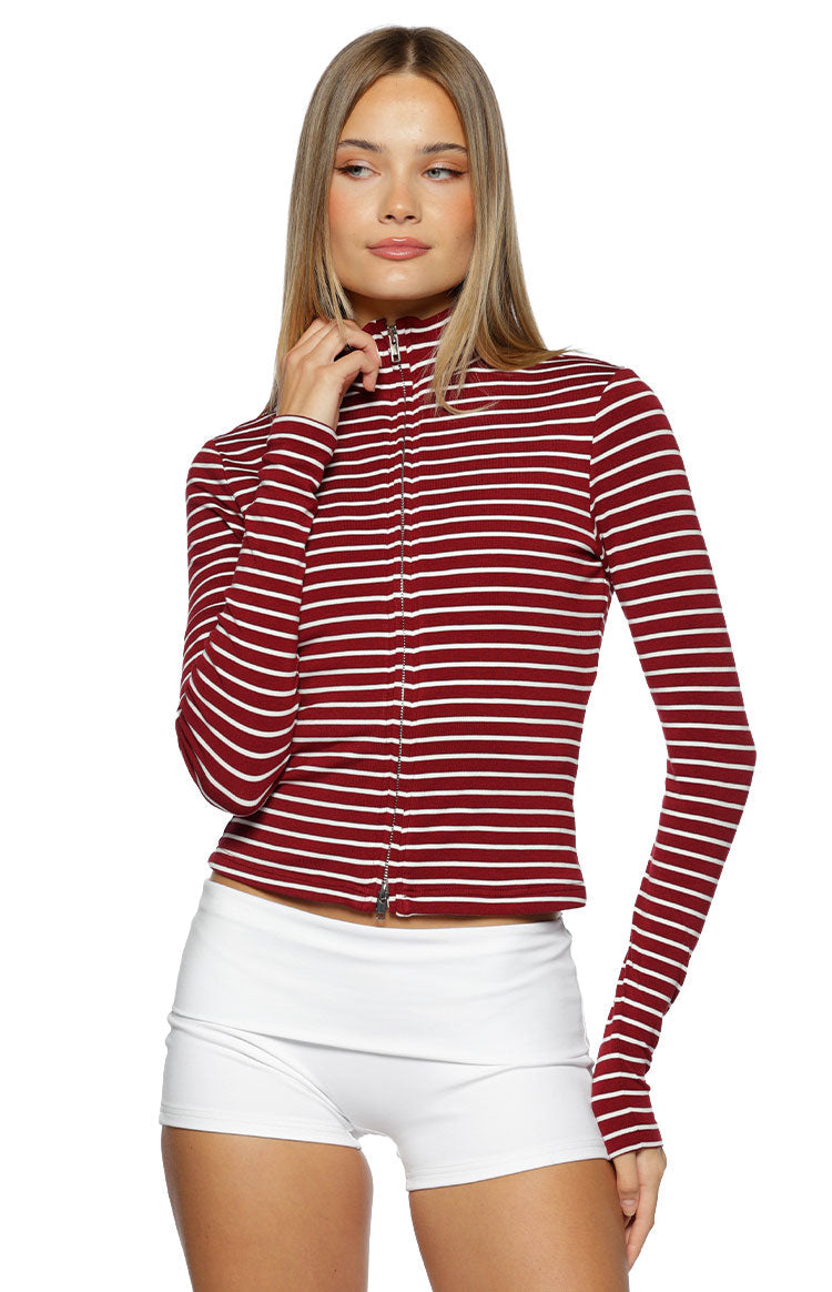 Poppi Burgundy Stripe Double Zip Sweater — 1