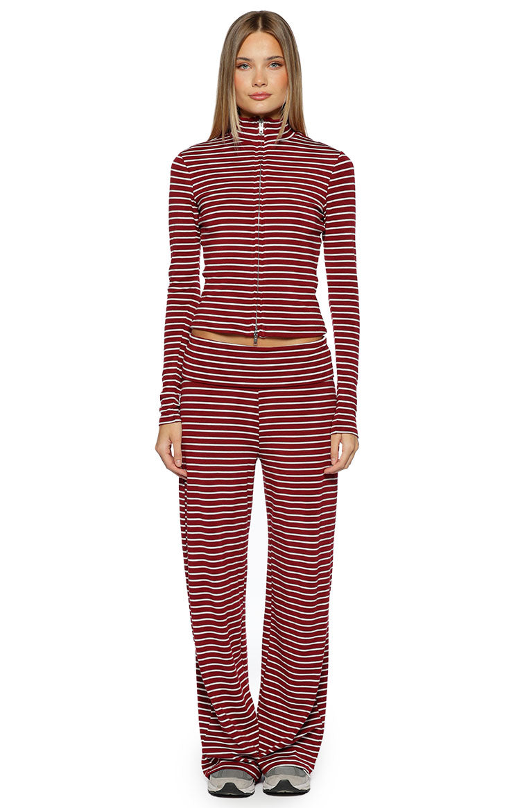 Poppi Burgundy Stripe Double Zip Sweater — 5
