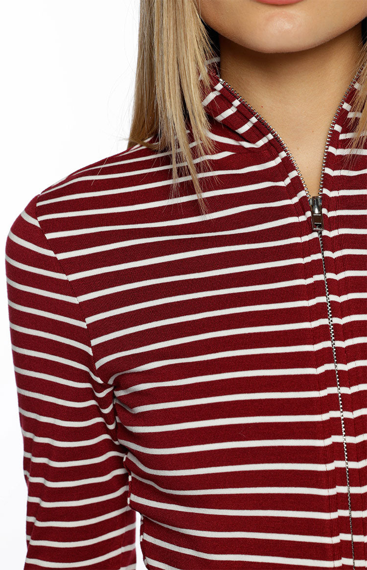 Poppi Burgundy Stripe Double Zip Sweater — 7