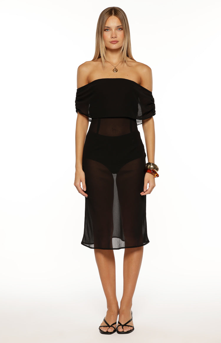 July Black Sheer Off the Shoulder Midi Dress — 7
