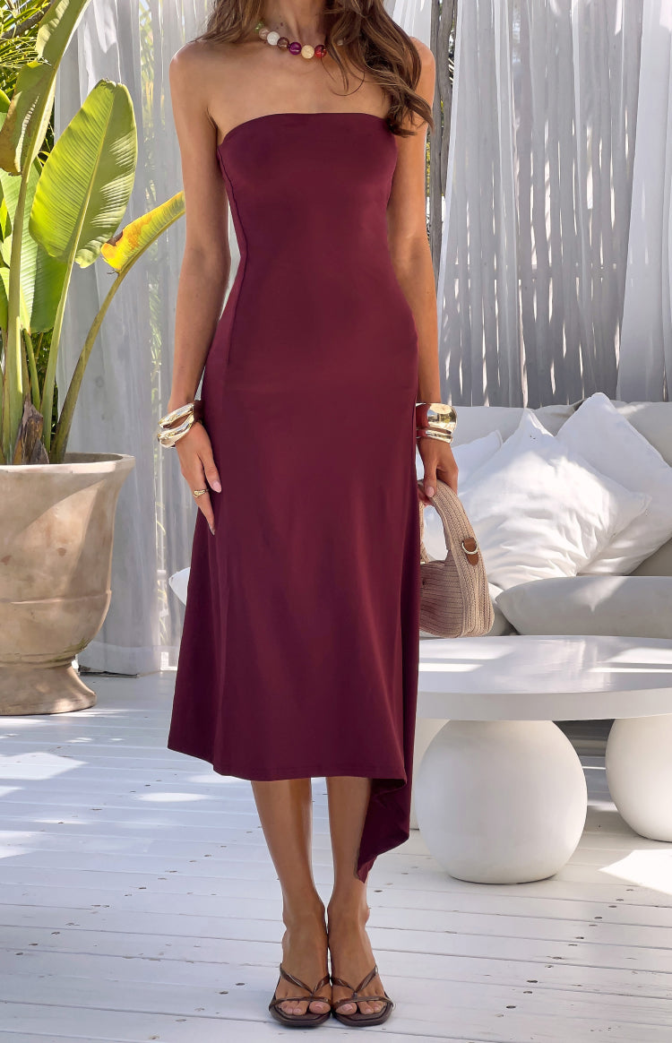 Maura Plum Strapless Asymmetrical Midi Dress — 3