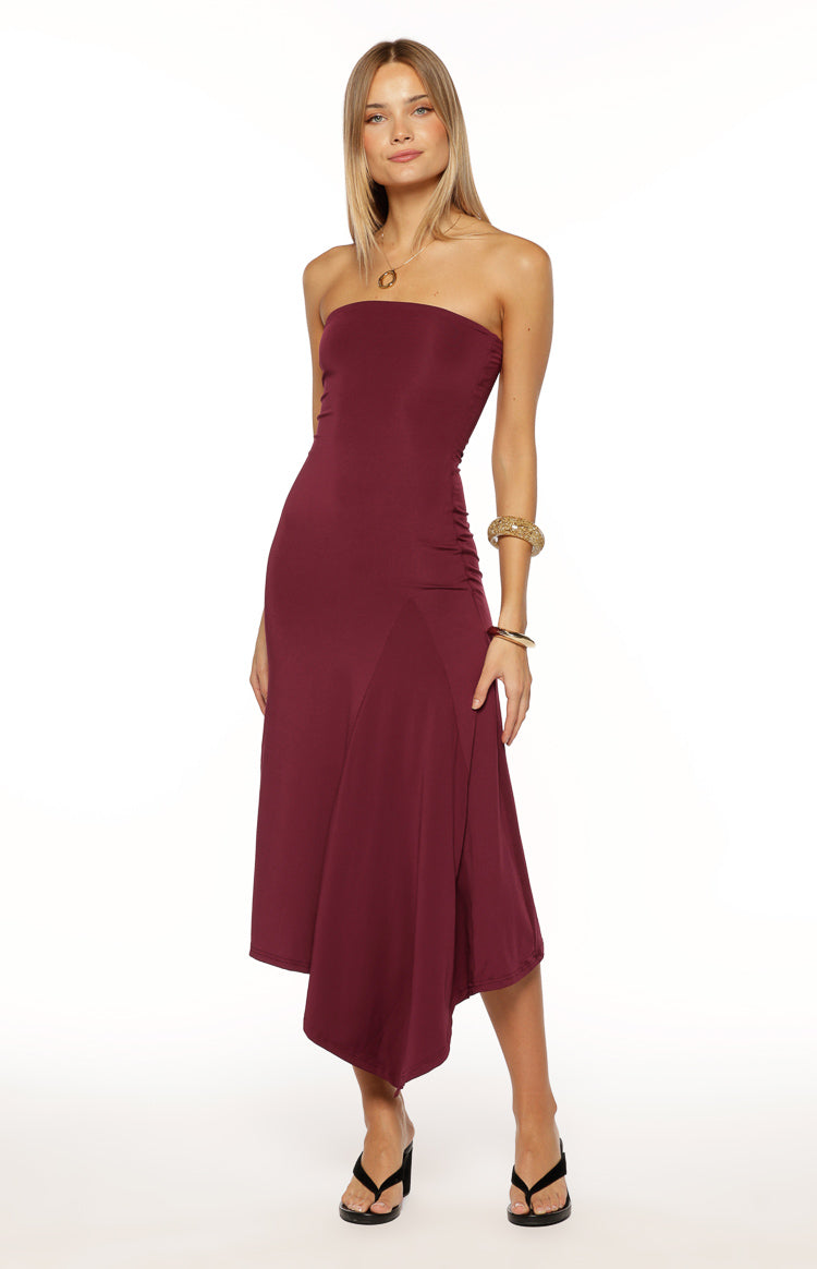 Maura Plum Strapless Asymmetrical Midi Dress — 8