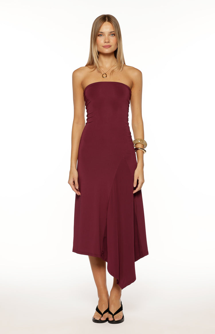 Maura Plum Strapless Asymmetrical Midi Dress — 10