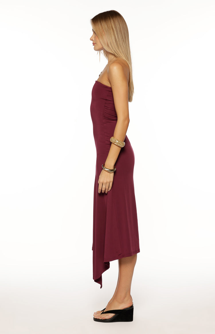 Maura Plum Strapless Asymmetrical Midi Dress — 11