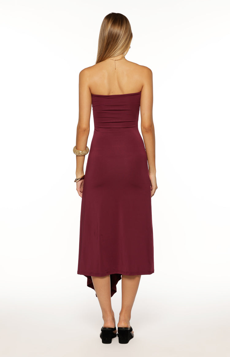 Maura Plum Strapless Asymmetrical Midi Dress — 12