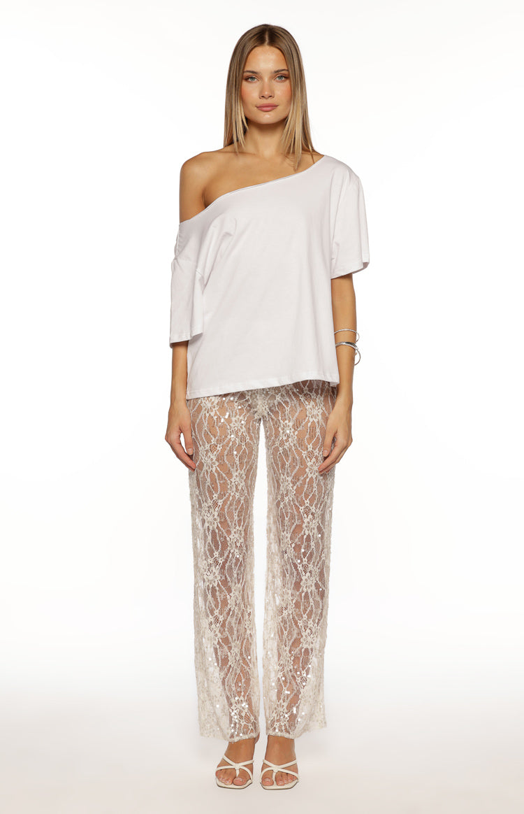 Dani White Sequin Lace Sheer Pants — 8