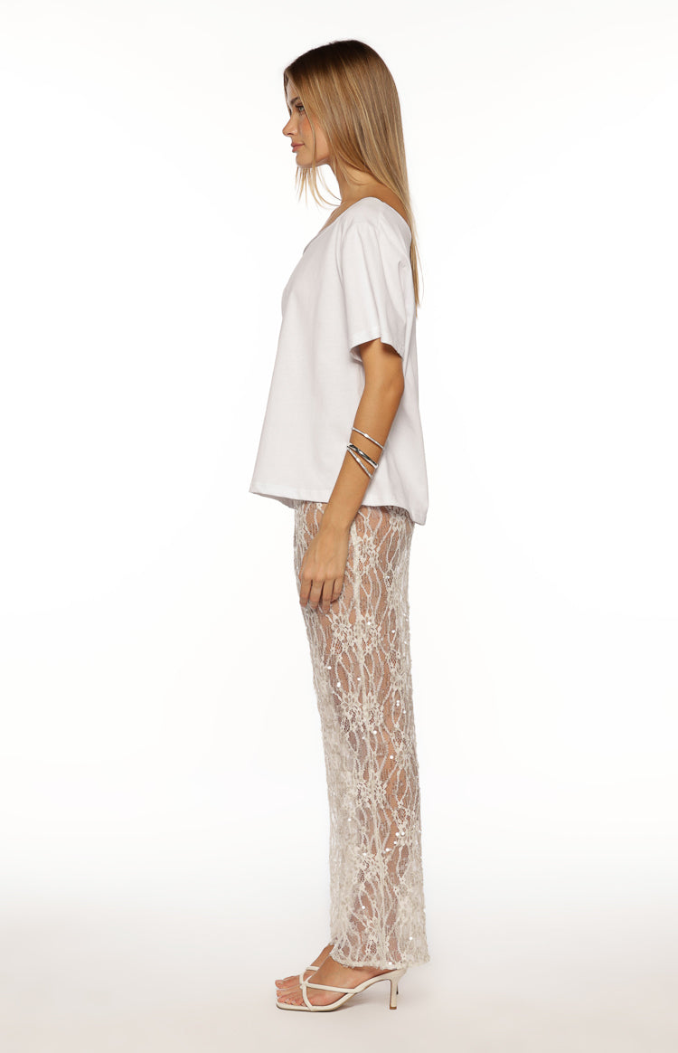 Dani White Sequin Lace Sheer Pants — 9